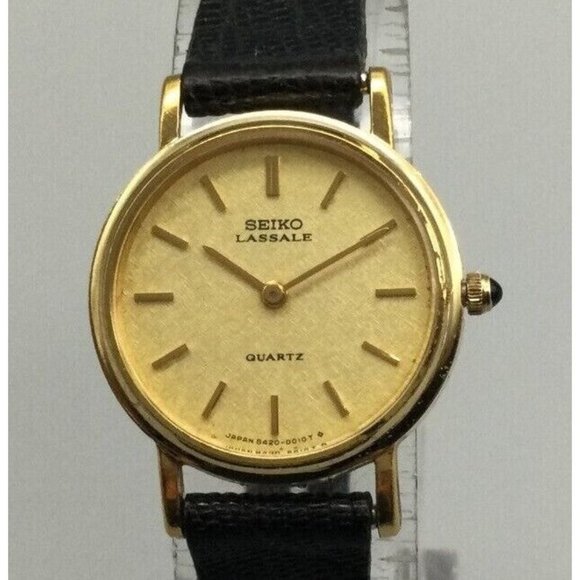 Seiko Lassale Watch Women Gold Tone Round Dial Black Leather Strap New Battery